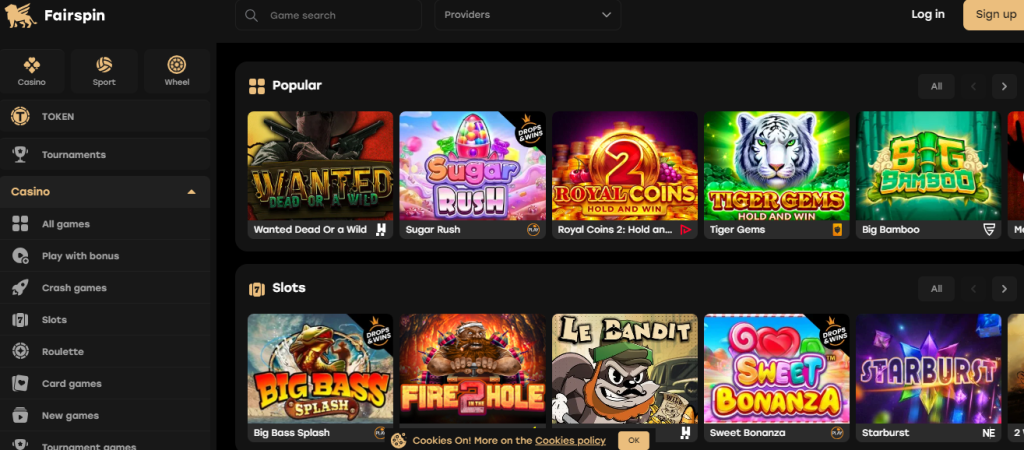 Homepage of Fairspin, showing their wide range of games, tournaments, and more